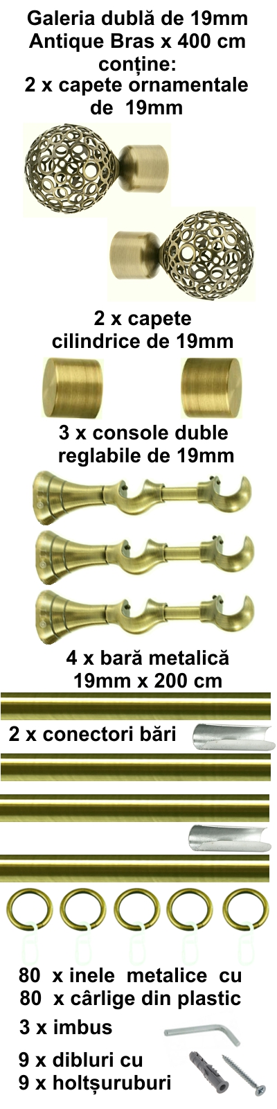 Galerie metalica Sun dubla 19 mm, antique brass (auriu antic) - imagine 8