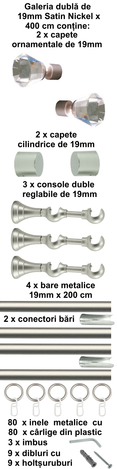 Galerie metalica Cristal dubla 19 mm, satin nichel (argintiu mat) - imagine 8