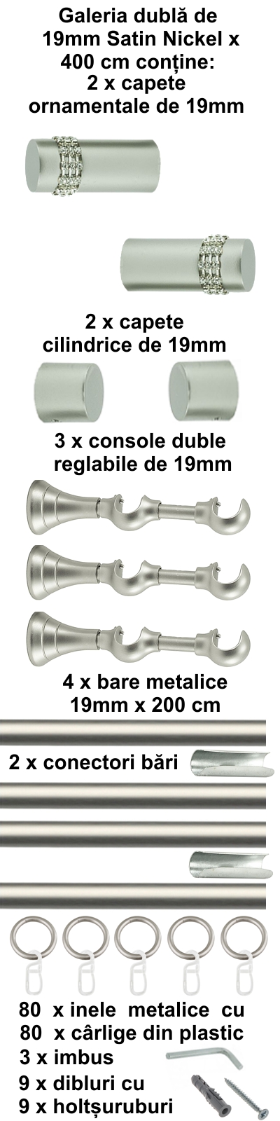 Galerie metalica Dios dubla 19 mm, satin nichel (argintiu mat) - imagine 8