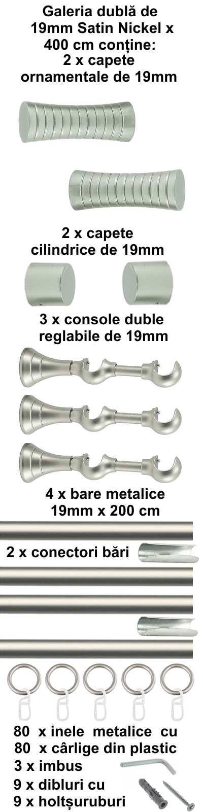 Galerie metalica Febris dubla 19 mm, satin nichel (argintiu mat) - imagine 8