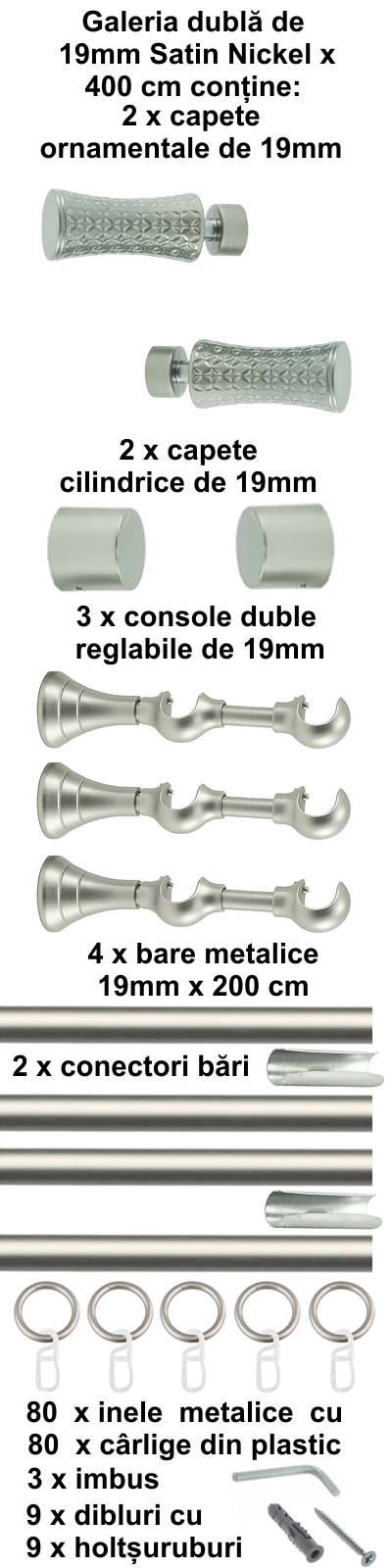 Galerie metalica Jaris dubla 19 mm, satin nichel (argintiu mat) - imagine 8