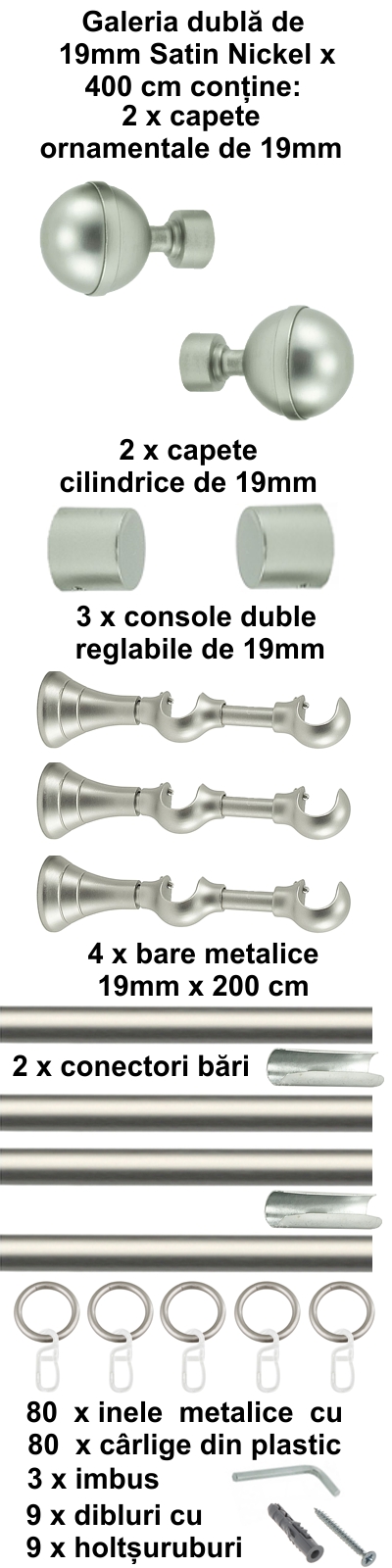 Galerie metalica Kalisto dubla 19 mm, satin nichel (argintiu mat) - imagine 8