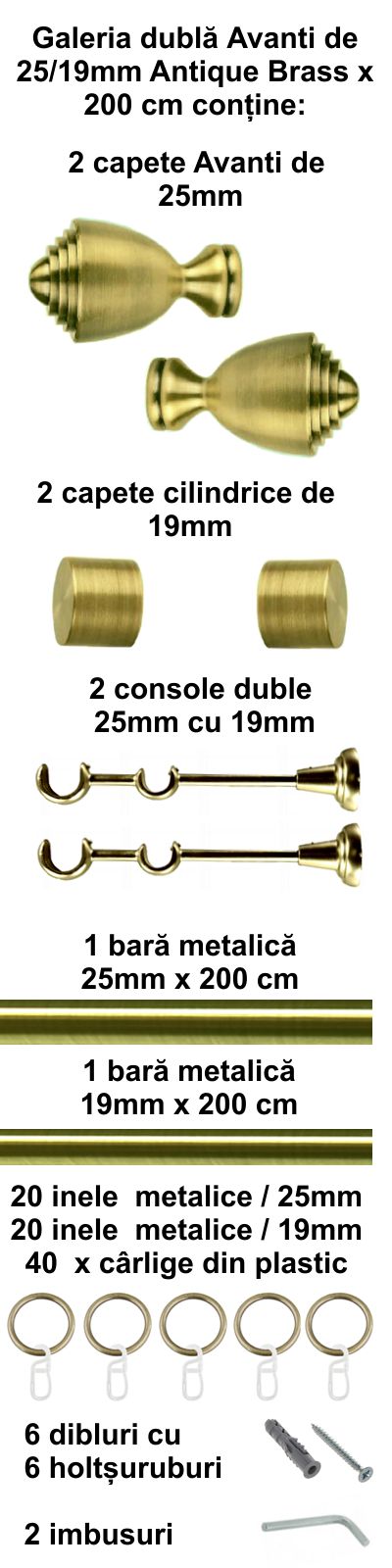 Galerie metalica Avanti dubla 25 mm, antique brass (auriu antic) - imagine 2