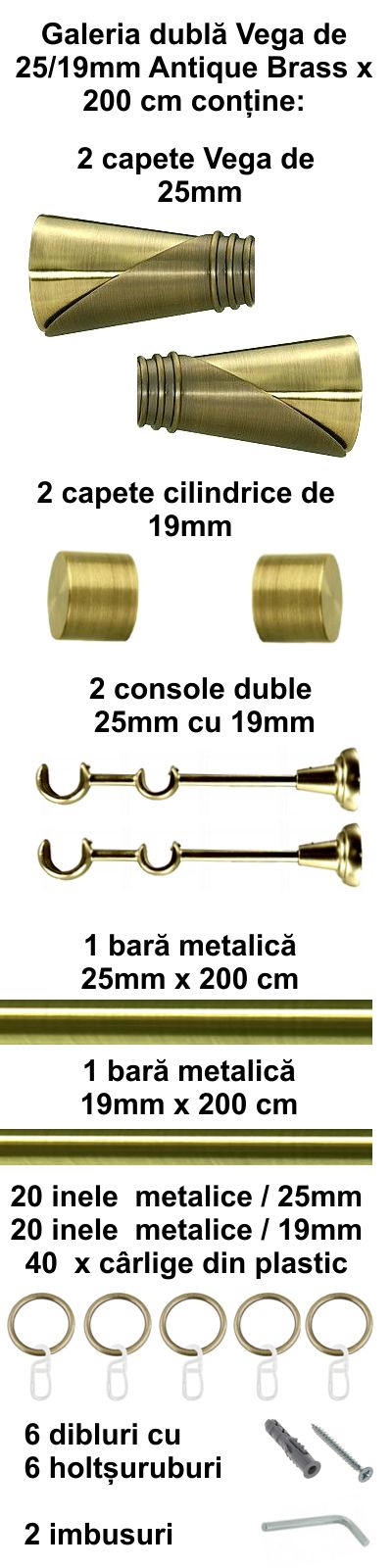 Galerie metalica Vega dubla 25 mm, antique brass (auriu antic) - imagine 4