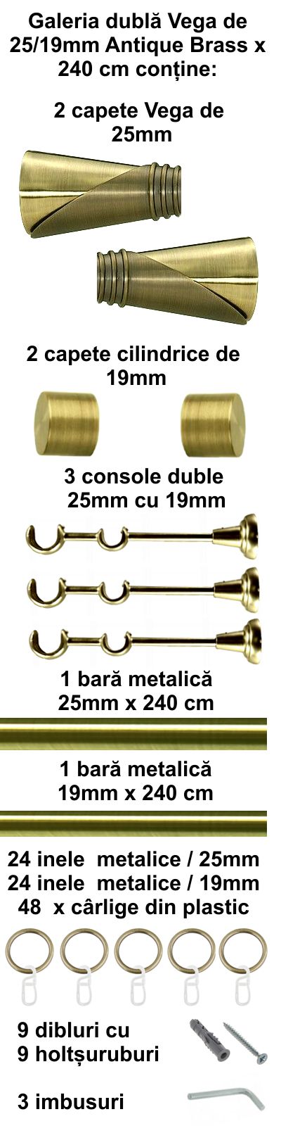 Galerie metalica Vega dubla 25 mm, antique brass (auriu antic) - imagine 5