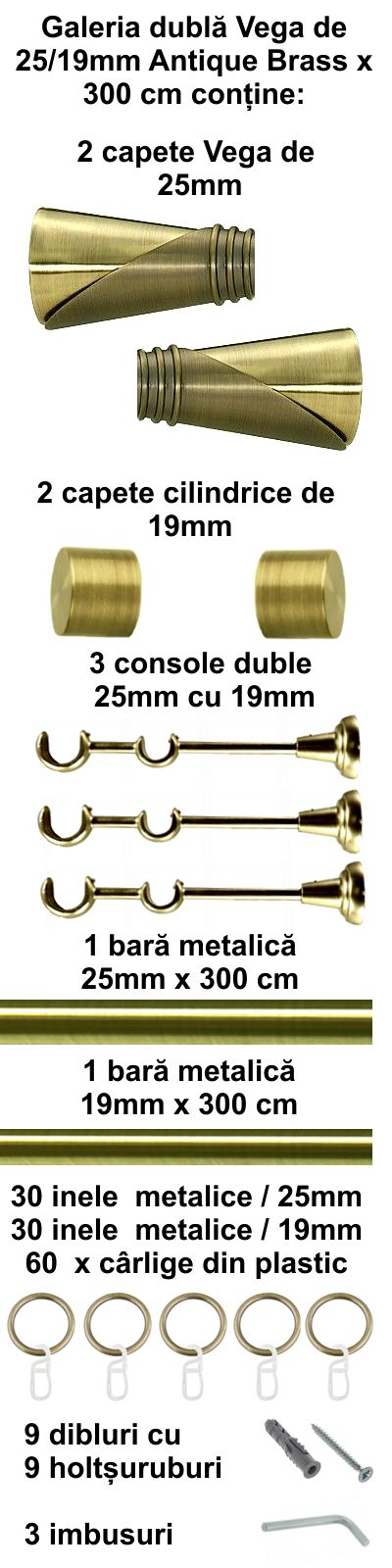 Galerie metalica Vega dubla 25 mm, antique brass (auriu antic) - imagine 6