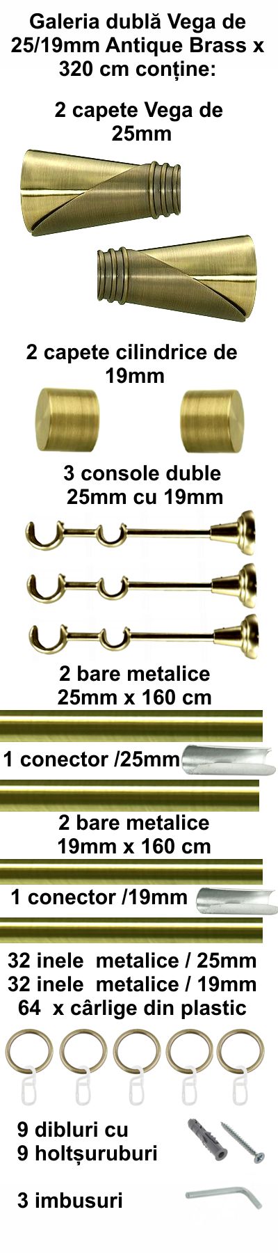 Galerie metalica Vega dubla 25 mm, antique brass (auriu antic) - imagine 7