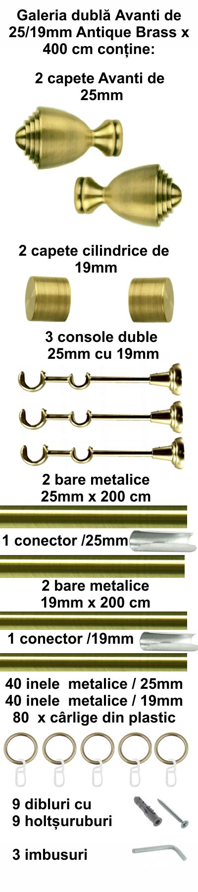 Galerie metalica Avanti dubla 25 mm, antique brass (auriu antic) - imagine 5