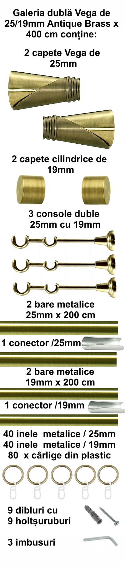 Galerie metalica Vega dubla 25 mm, antique brass (auriu antic) - imagine 8