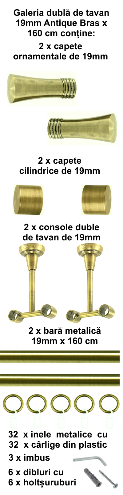 Galerie metalica Ahile dubla de tavan 19 mm, antique brass (auriu antic) - imagine 2