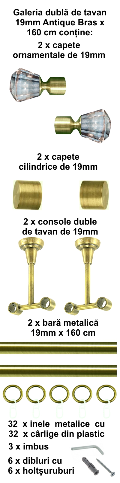 Galerie metalica Cristal dubla de tavan 19 mm, antique brass (auriu antic) - imagine 2