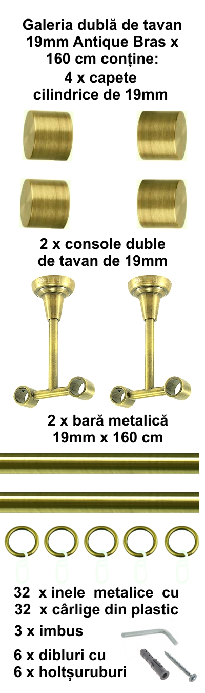 Galerie metalica Luna dubla de tavan 19 mm, antique brass (auriu antic) - imagine 2