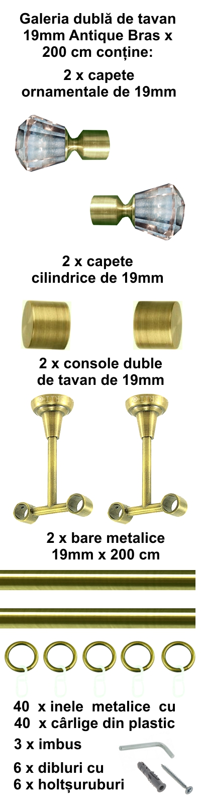 Galerie metalica Cristal dubla de tavan 19 mm, antique brass (auriu antic) - imagine 3