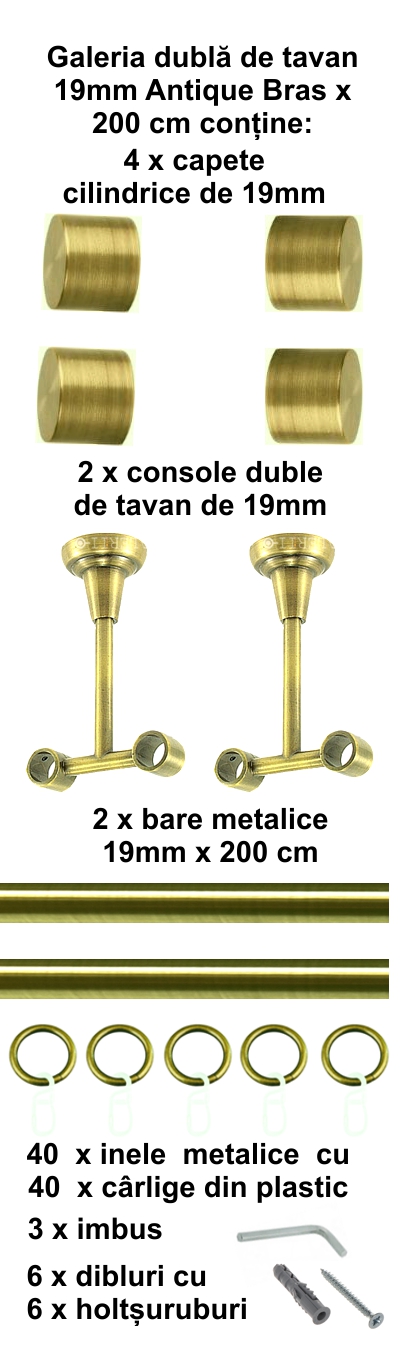 Galerie metalica Luna dubla de tavan 19 mm, antique brass (auriu antic) - imagine 3