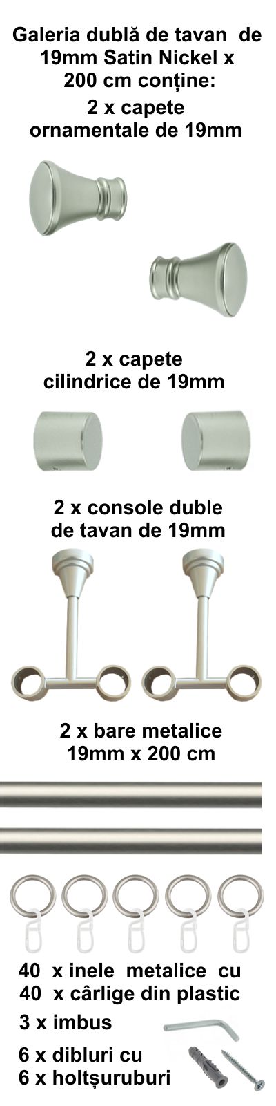 Galerie metalica Conic dubla de tavan 19 mm, satin nichel (argintiu mat) - imagine 4