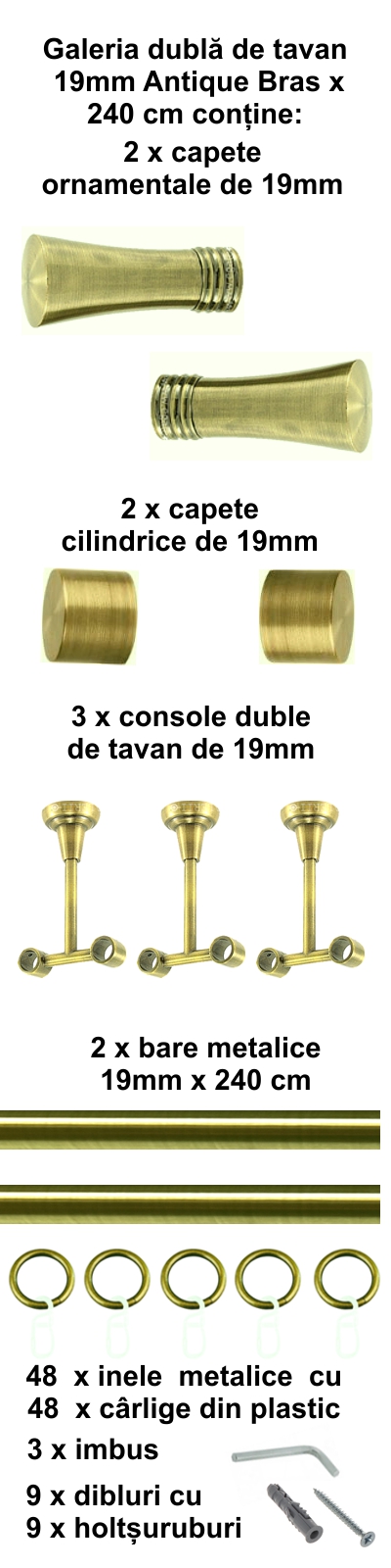 Galerie metalica Ahile dubla de tavan 19 mm, antique brass (auriu antic) - imagine 4