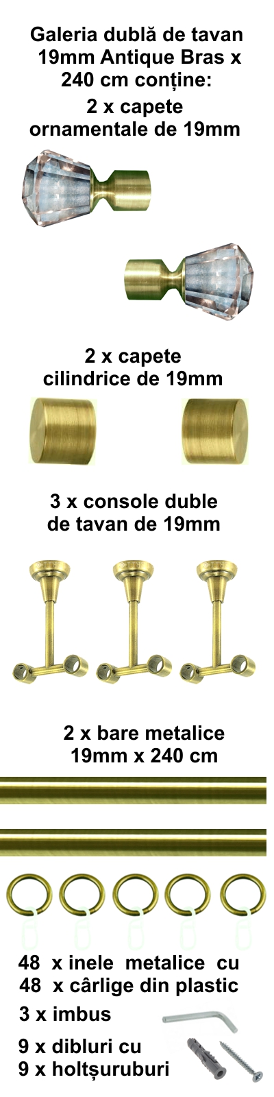 Galerie metalica Cristal dubla de tavan 19 mm, antique brass (auriu antic) - imagine 4