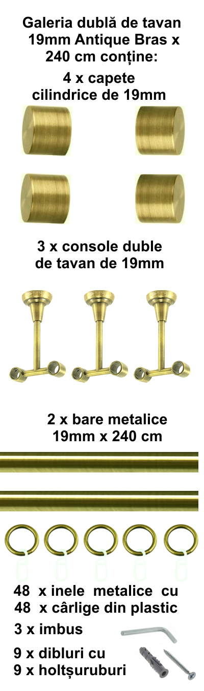 Galerie metalica Luna dubla de tavan 19 mm, antique brass (auriu antic) - imagine 4