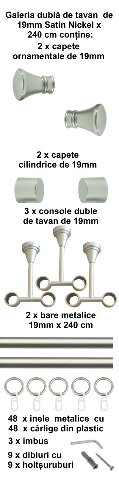 Galerie metalica Conic dubla de tavan 19 mm, satin nichel (argintiu mat) - imagine 5