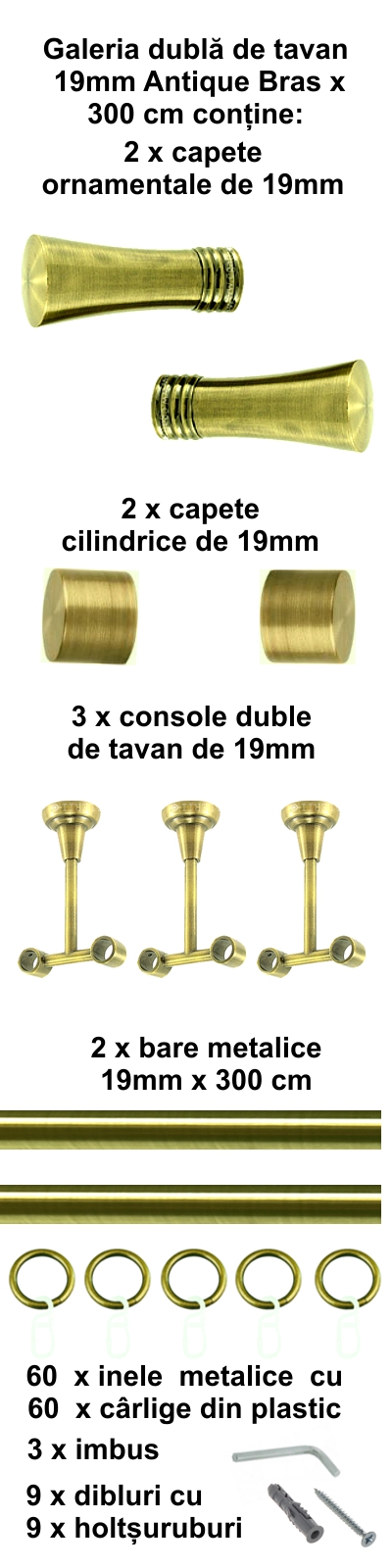 Galerie metalica Ahile dubla de tavan 19 mm, antique brass (auriu antic) - imagine 5