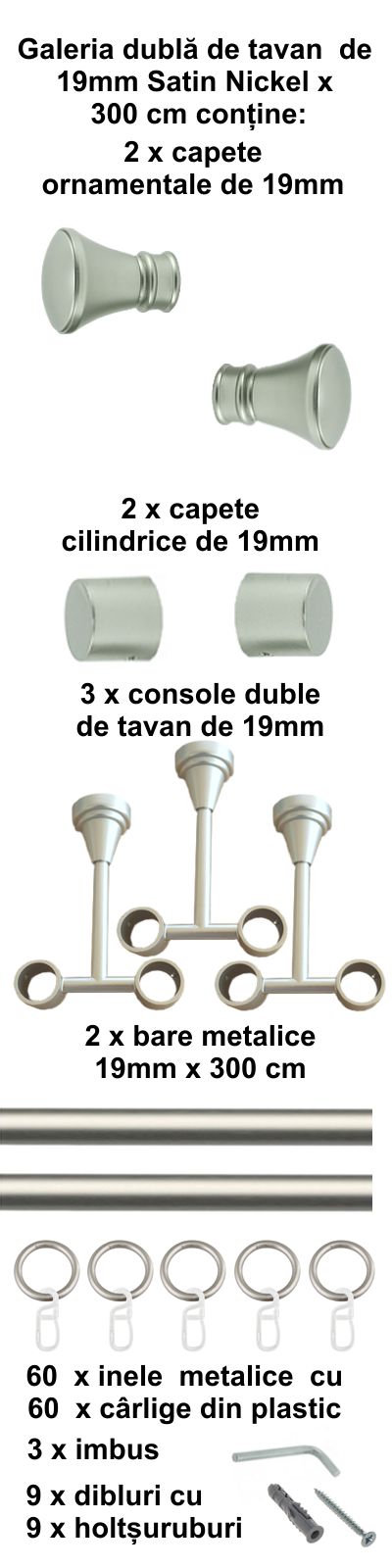 Galerie metalica Conic dubla de tavan 19 mm, satin nichel (argintiu mat) - imagine 6
