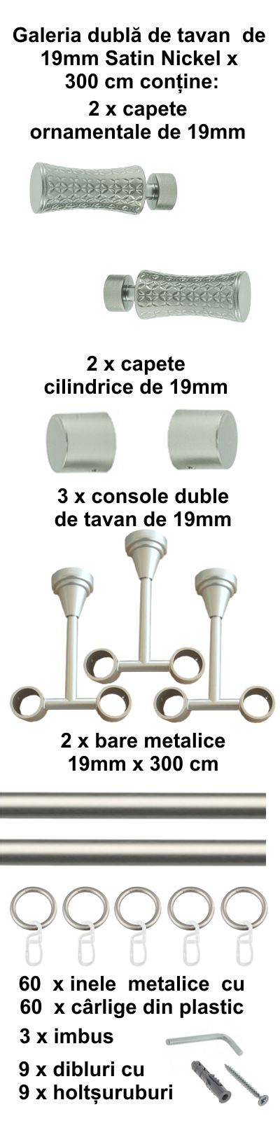 Galerie metalica Jaris dubla de tavan 19 mm, satin nichel (argintiu mat) - imagine 6