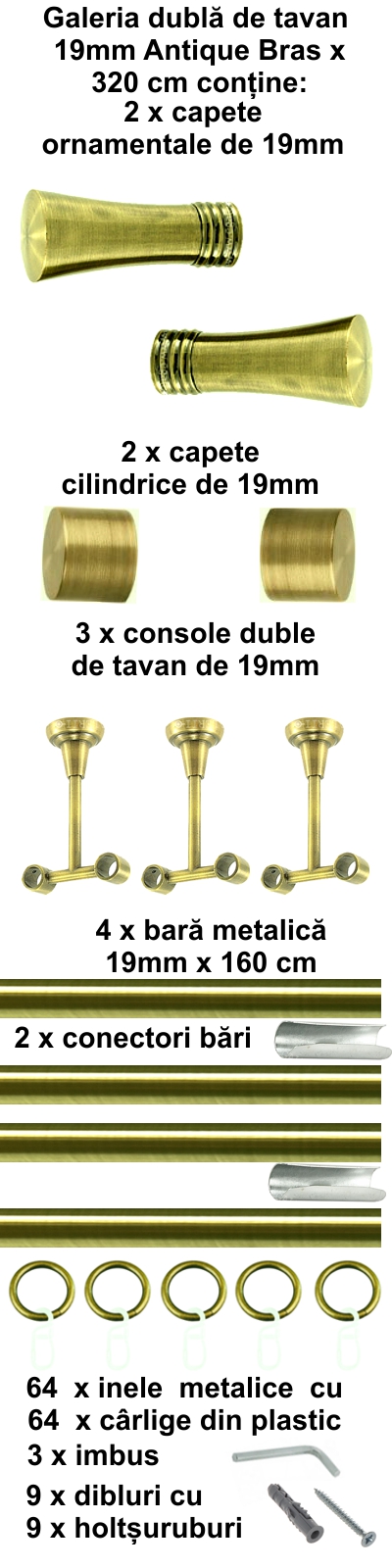 Galerie metalica Ahile dubla de tavan 19 mm, antique brass (auriu antic) - imagine 6