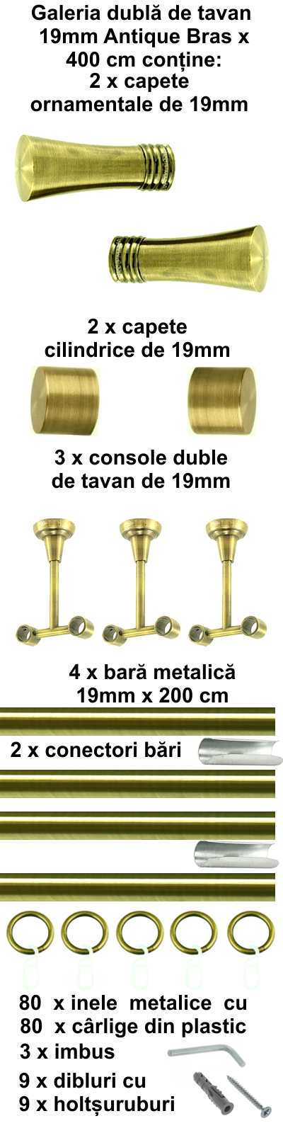 Galerie metalica Ahile dubla de tavan 19 mm, antique brass (auriu antic) - imagine 8