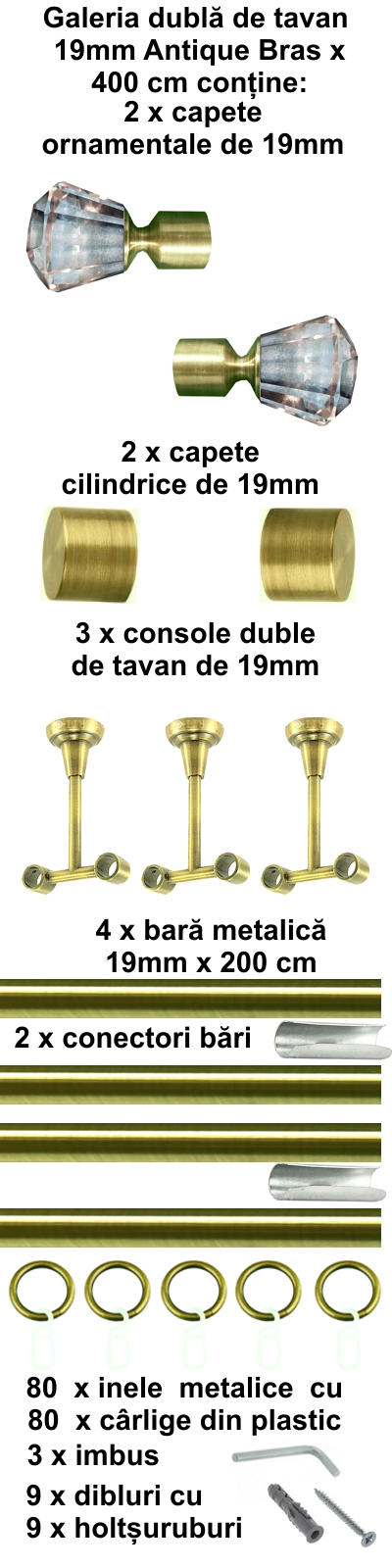 Galerie metalica Cristal dubla moderna 19 mm, antique brass (auriu antic) - imagine 7