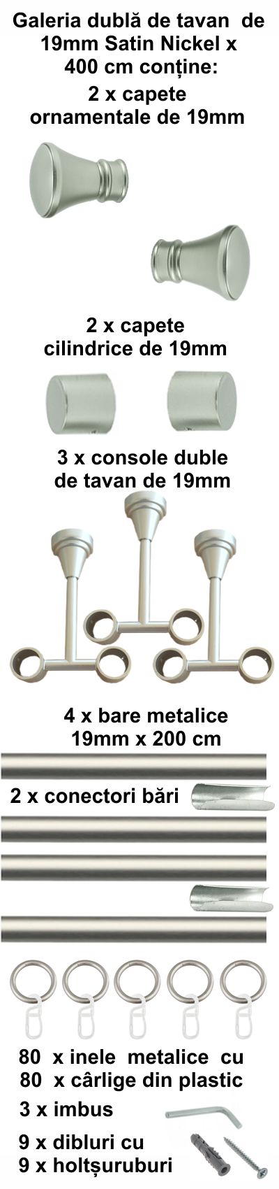Galerie metalica Conic dubla de tavan 19 mm, satin nichel (argintiu mat) - imagine 8