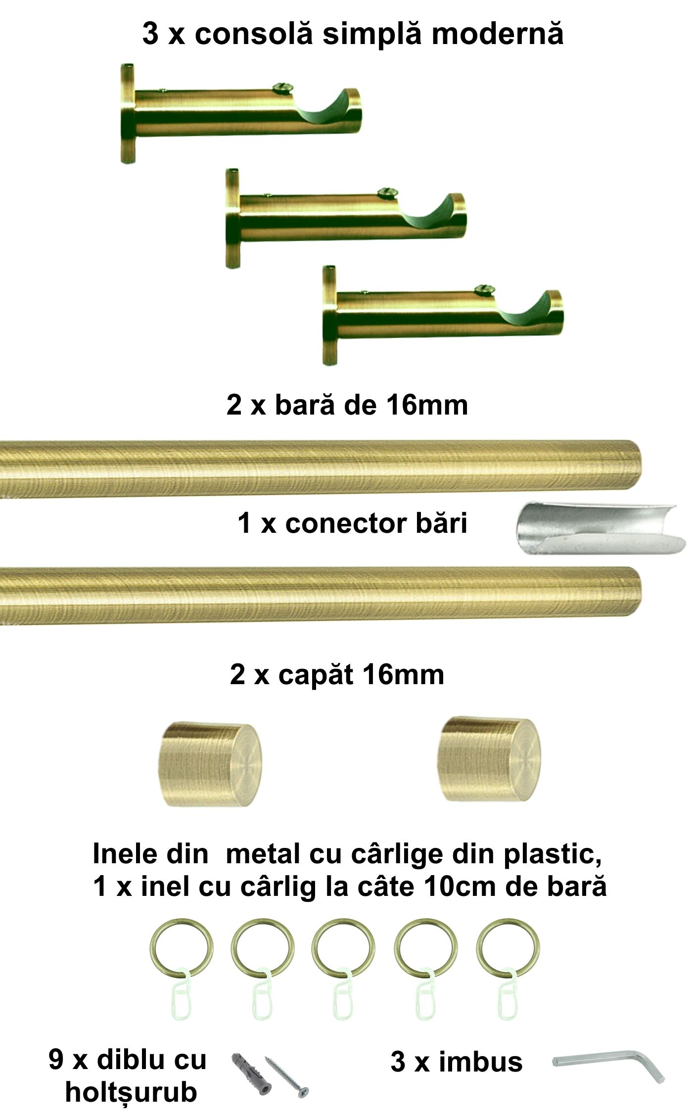 Galerie metalica Luna moderna 16 mm, antique brass (auriu antic) - imagine 6