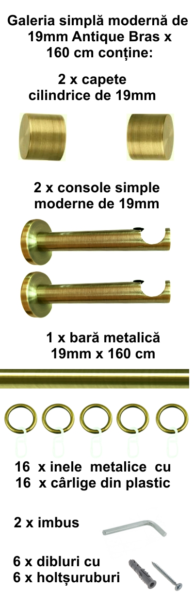 Galerie metalica Luna moderna 19 mm, antique brass (auriu antic) - imagine 2