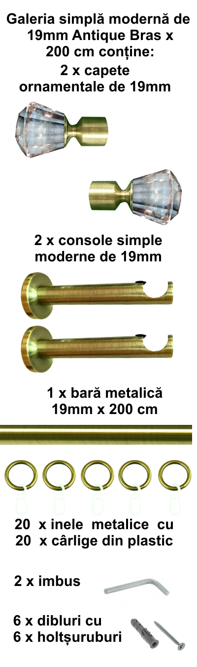 Galerie metalica Cristal moderna 19 mm, antique brass (auriu antic) - imagine 3