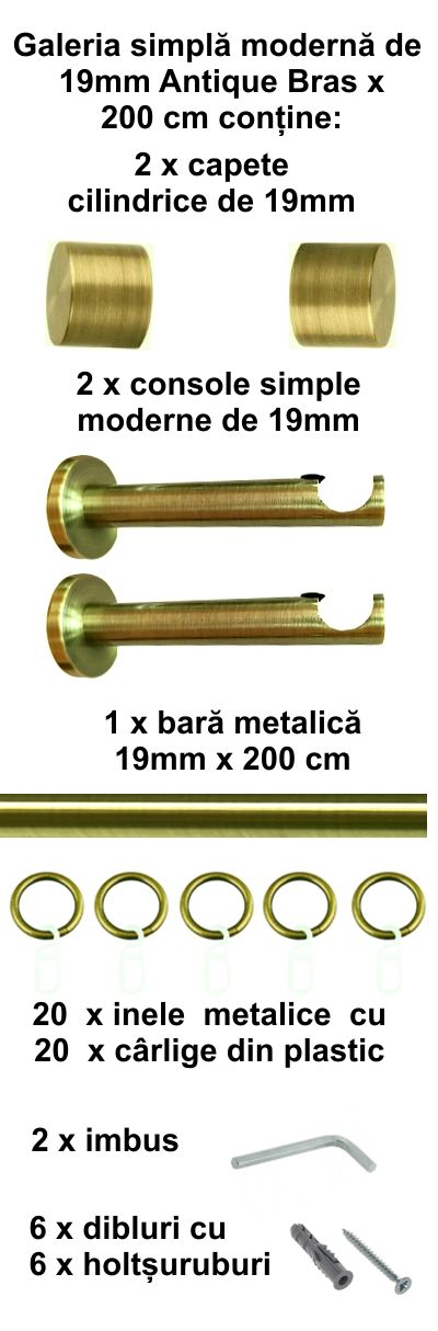 Galerie metalica Luna moderna 19 mm, antique brass (auriu antic) - imagine 3