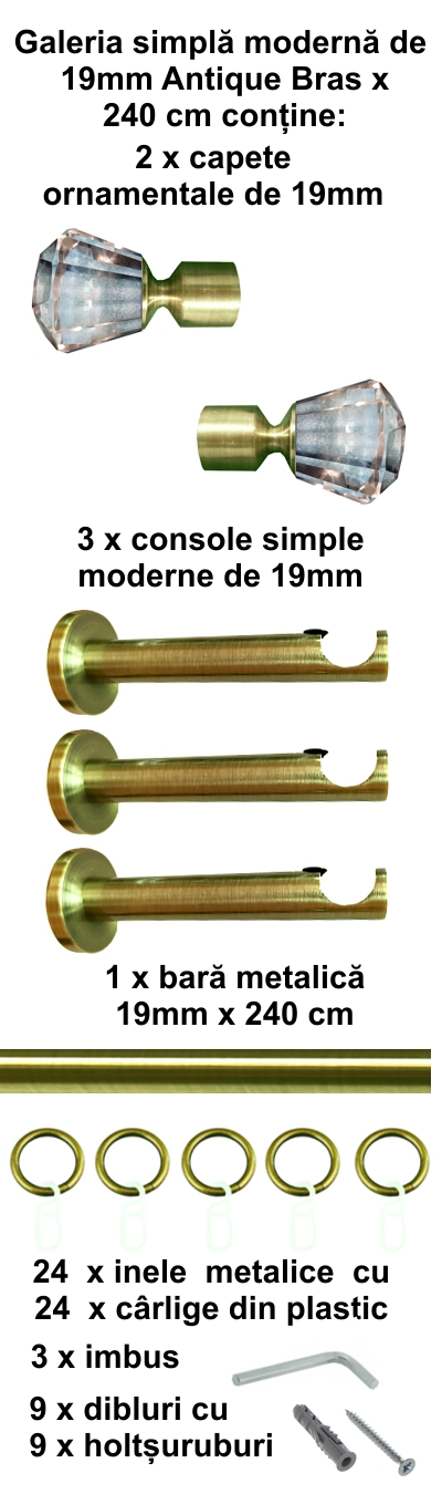 Galerie metalica Cristal moderna 19 mm, antique brass (auriu antic) - imagine 4
