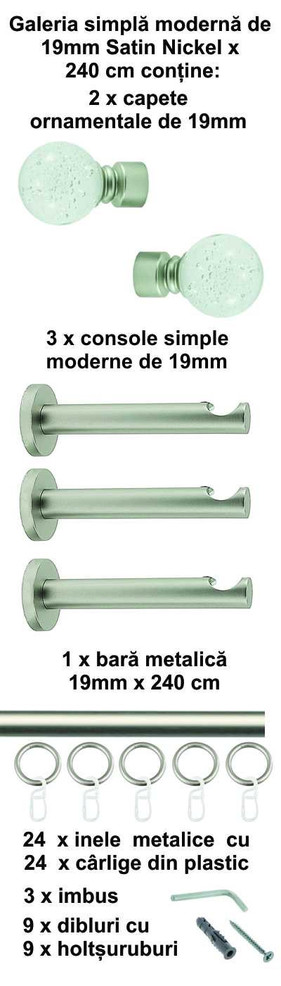Galerie metalica Buble simpla moderna 19 mm, satin nichel (argintiu mat) - imagine 6