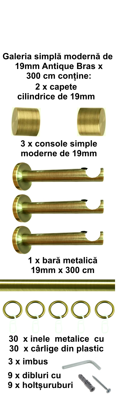 Galerie metalica Luna moderna 19 mm, antique brass (auriu antic) - imagine 5