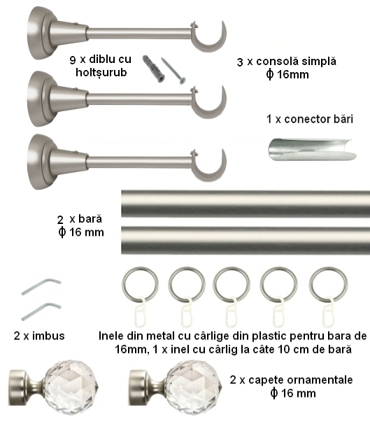 Galerie metalica Cristal simpla 16 mm, satin nichel (argintiu mat) - imagine 6