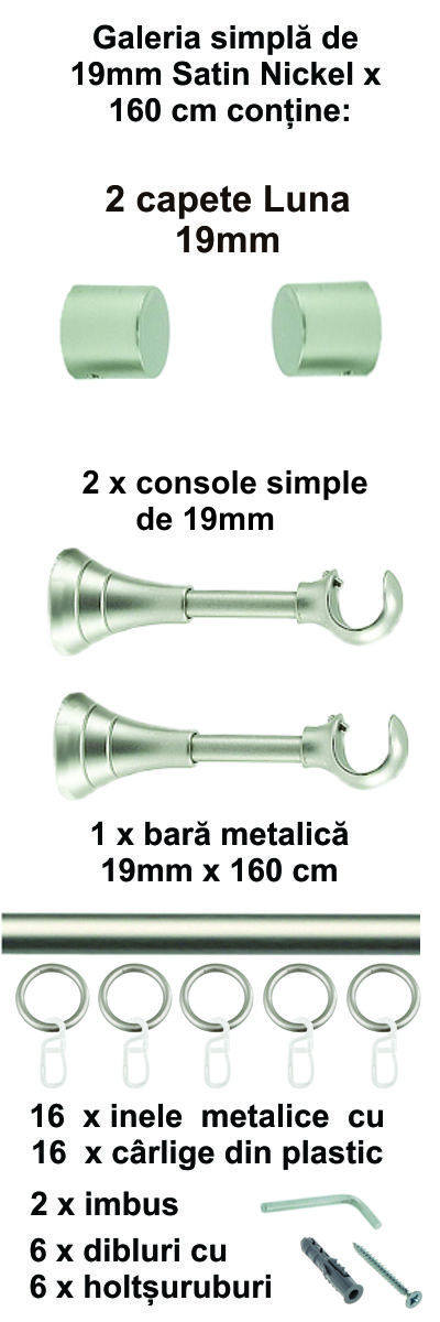 Galerie metalica Luna simpla 19 mm, satin nichel(argintiu mat) - imagine 2