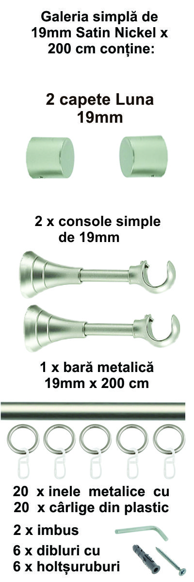 Galerie metalica Luna simpla 19 mm, satin nichel(argintiu mat) - imagine 4