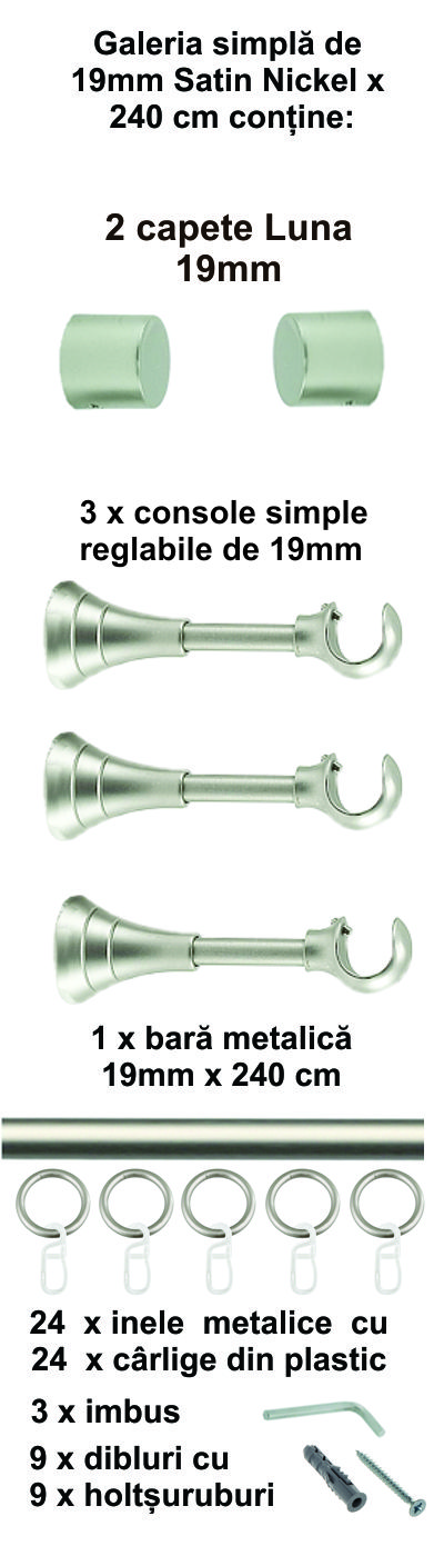 Galerie metalica Luna simpla 19 mm, satin nichel(argintiu mat) - imagine 5